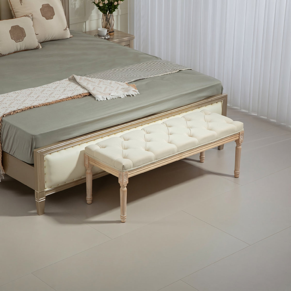 Banc Banquette classique capitonné 115cm bout de lit Rembourrée en lin - bois d'hévéa sculpté, patiné - crème-6