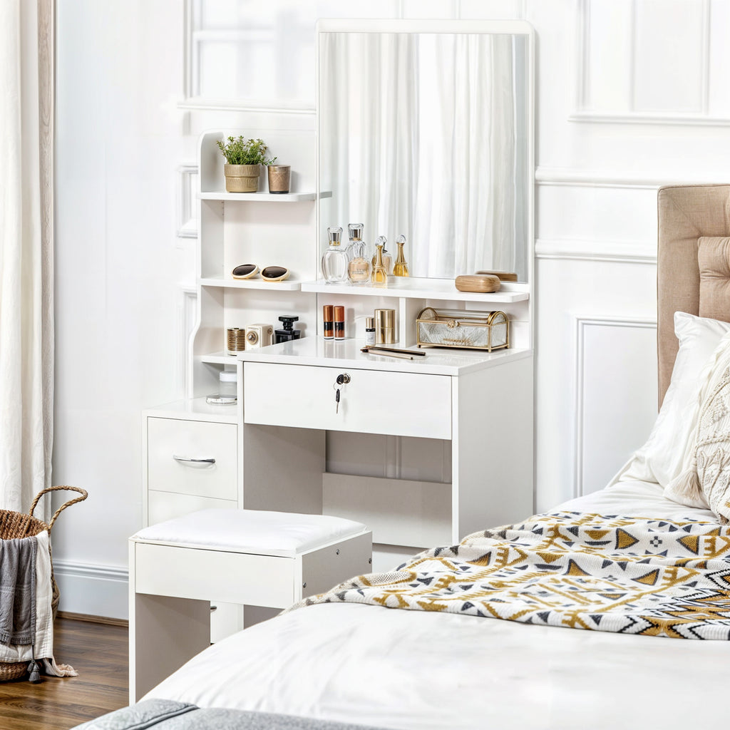 Ensemble de coiffeuse avec tabouret rembourré grand miroir + plusieurs étagères ouvertes + 4 tiroirs blanc-9