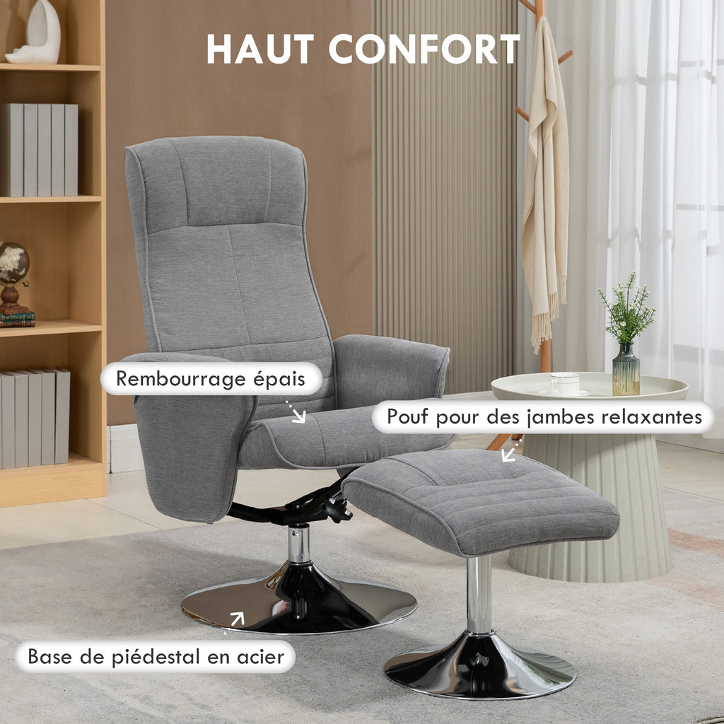 Fauteuil relax inclinable 135° pivotant 360° avec repose-pieds revêtement tissu gris-5