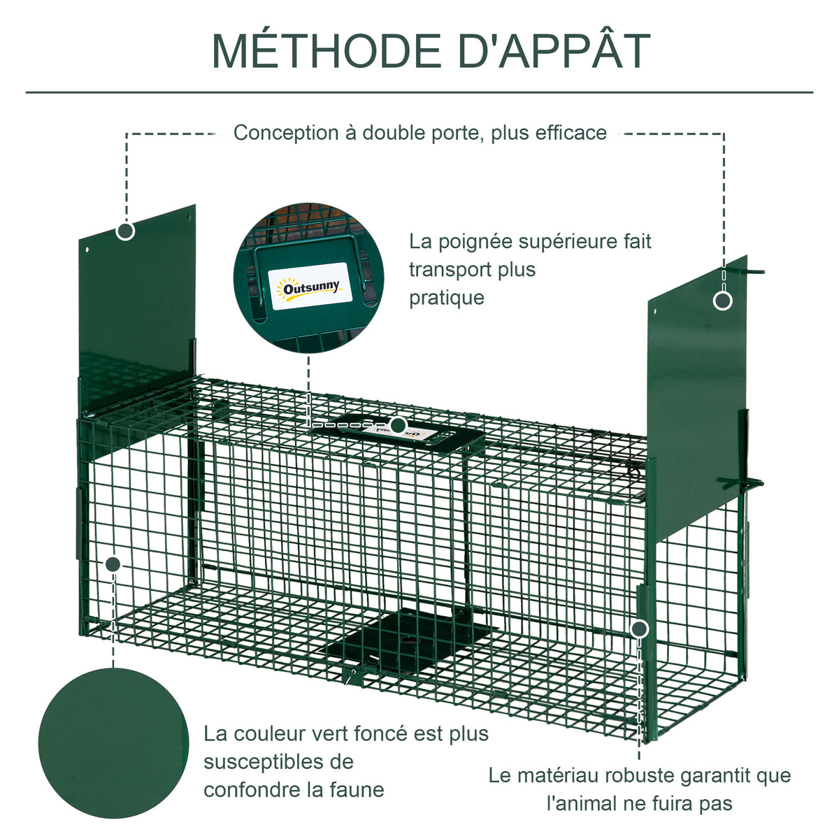 Cage attrape animaux nuisibles acier 2 entrées dim. 80 x 25 x 30 cm vert foncé-5