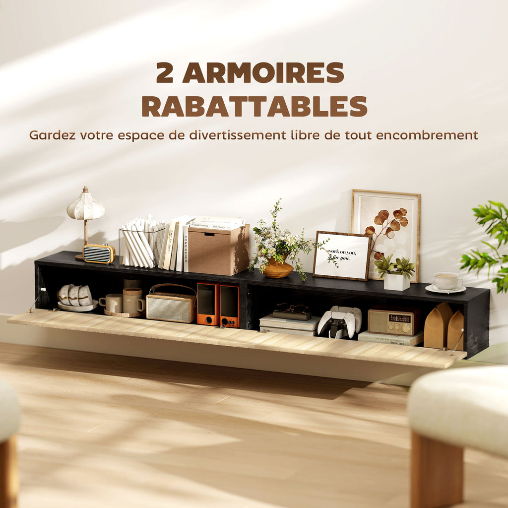 Meuble TV suspendu 140cm, meuble télé pour téléviseur 72 pouces, 2 portes rabattables, 140x25x22cm, bois naturel et noir-4