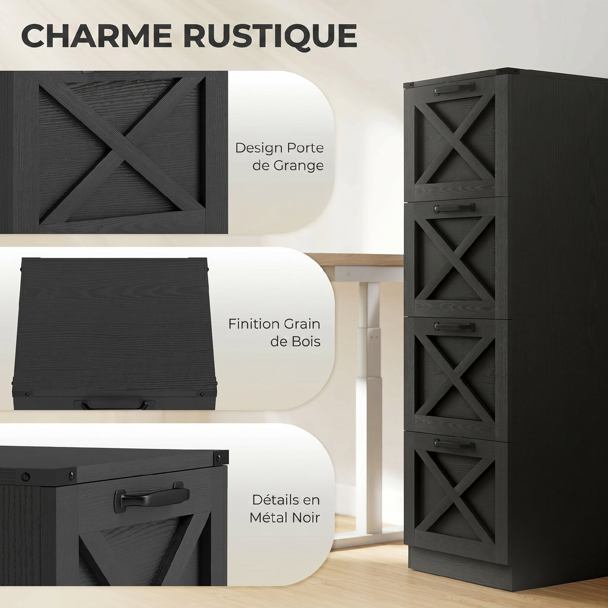 Caisson de Bureau avec 4 Tiroirs, Dossiers Suspendus pour Formats Lettre/A4, Style Rustique, 40x40x131cm, Noir-3