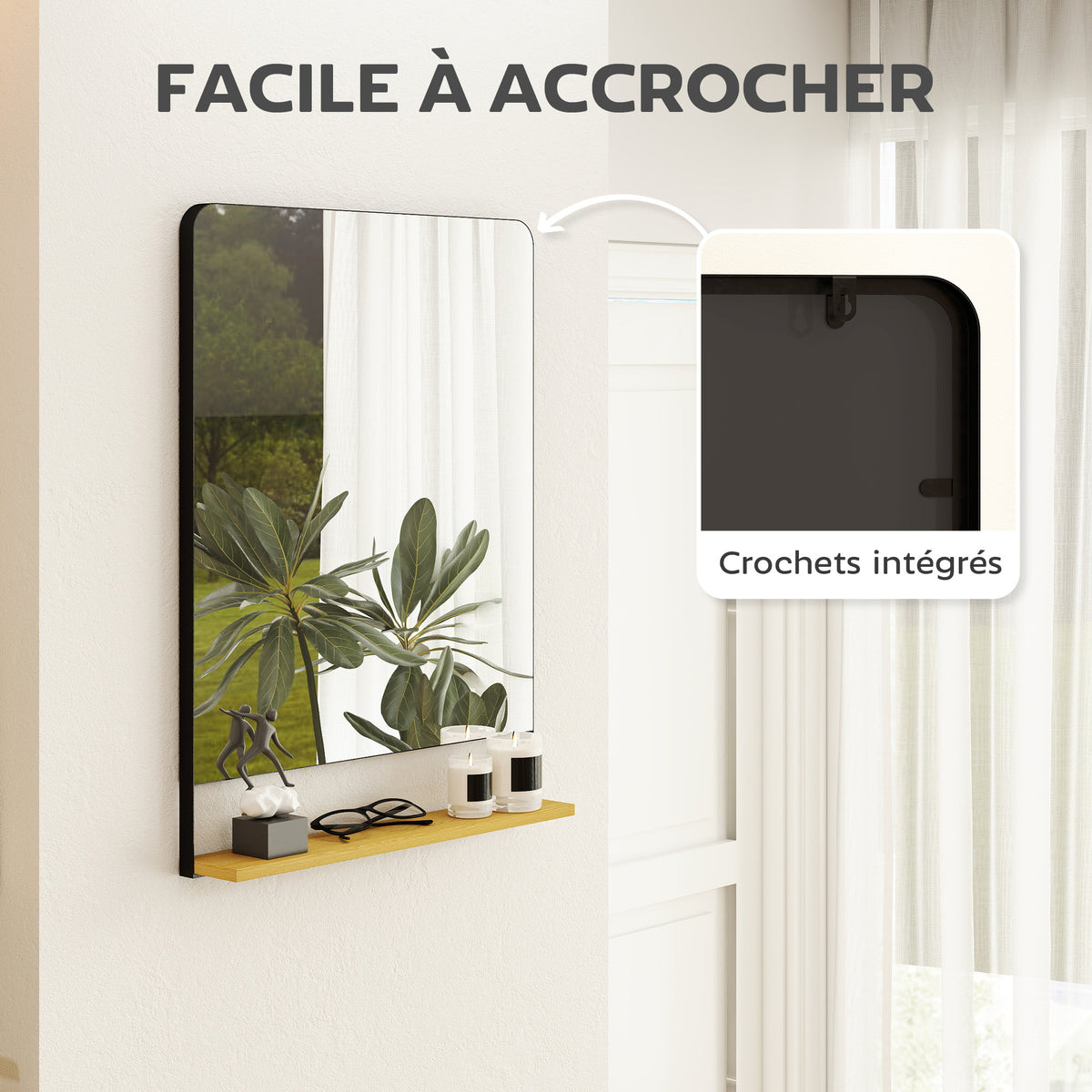 Miroir mural 80 x 60 cm avec étagère en bois, miroir rectangulaire moderne avec cadre en métal, noir-4