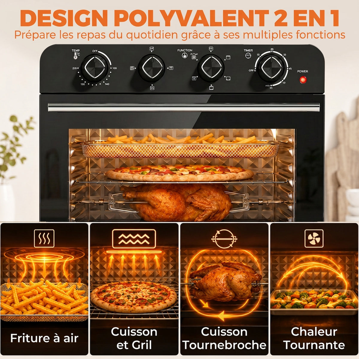 Friteuse à Air Chaud 36L, Four à Air Chaud 1800 W avec Rôtissoire, Plaque de Cuisson, Panier de Friture et Grille, Noir-4