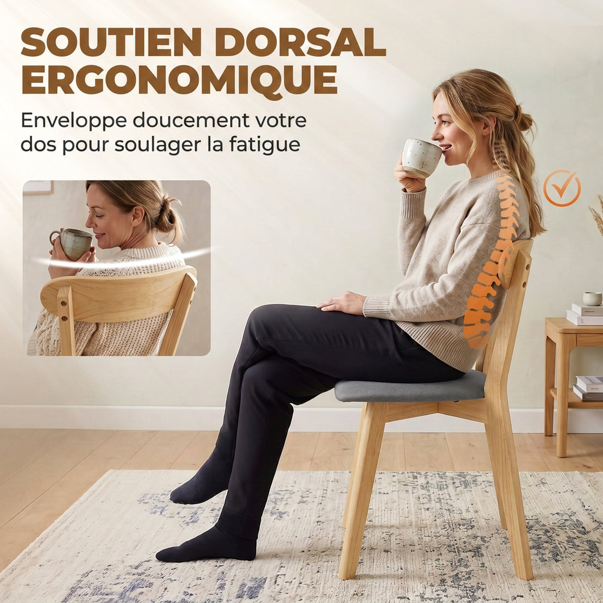 Lot de 4 Chaises de Salle à Manger, Chaises Cuisine, Assise Rembourrées en Lin, Dossier Incurvé, Gris et Bois Naturel-4