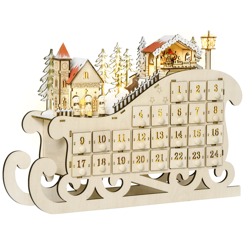 Calendrier avent bois Lumineux Frome traineau - 10 lumières Blanc Chaud - 24 tiroirs - décoration Lumineuse Noël-0