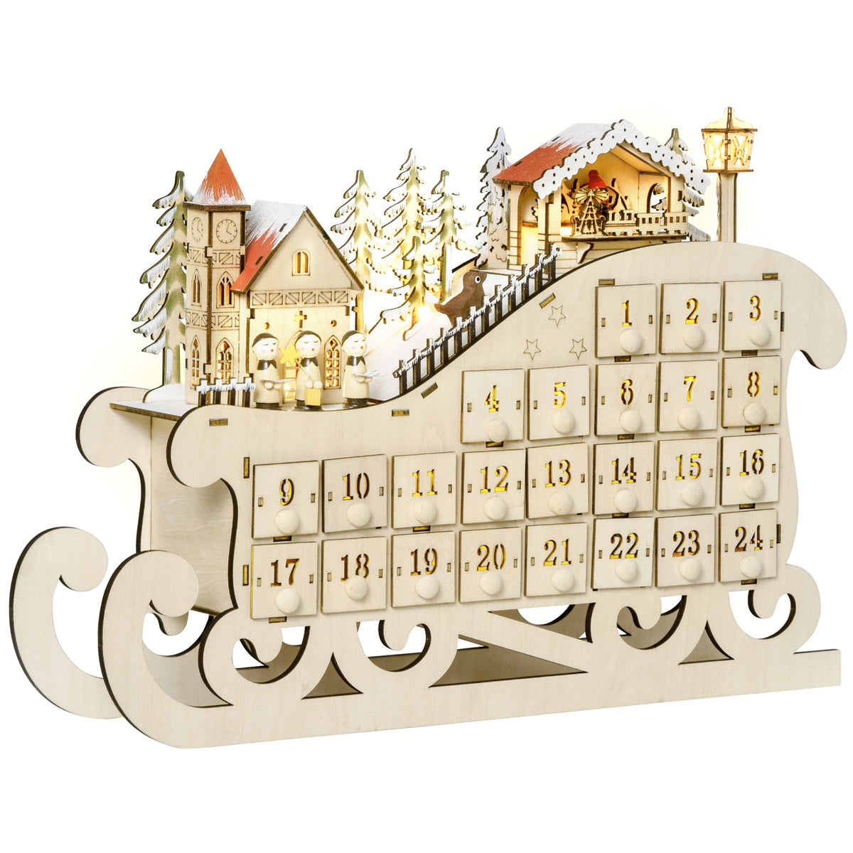 Calendrier avent bois Lumineux Frome traineau - 10 lumières Blanc Chaud - 24 tiroirs - décoration Lumineuse Noël-0