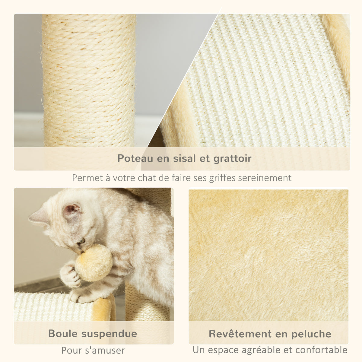 Arbre à chat griffoir grattoir design jeu boule suspendue + plateforme peluche sisal naturel beige-4