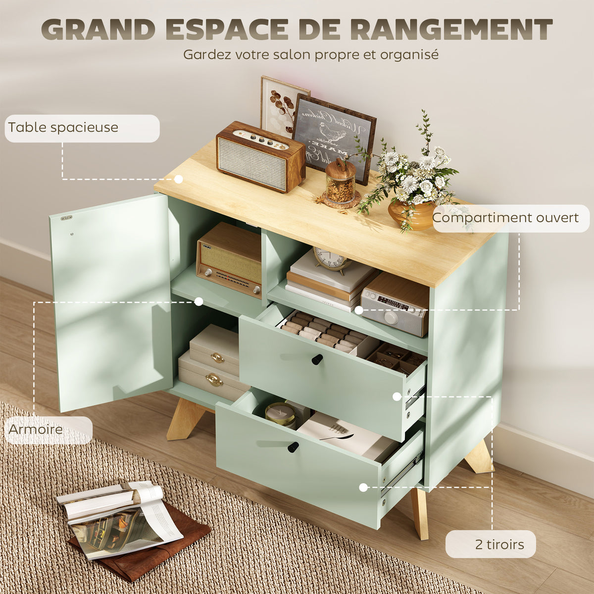 Buffet salon, meuble de rangement avec porte, 2 tiroirs, compartiment ouvert et étagère réglable, vert clair et chêne-3