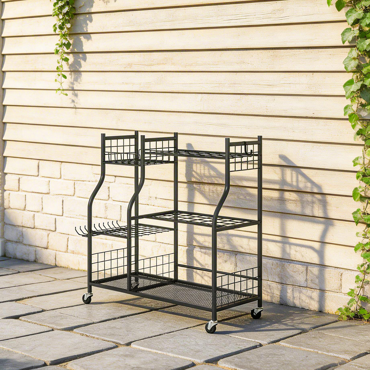 Organisateur d'Outils de Jardin en Acier à 3 Niveaux, 32 Emplacements, 4 Roues, 11 Crochets, 104x40x95cm, Noir-1