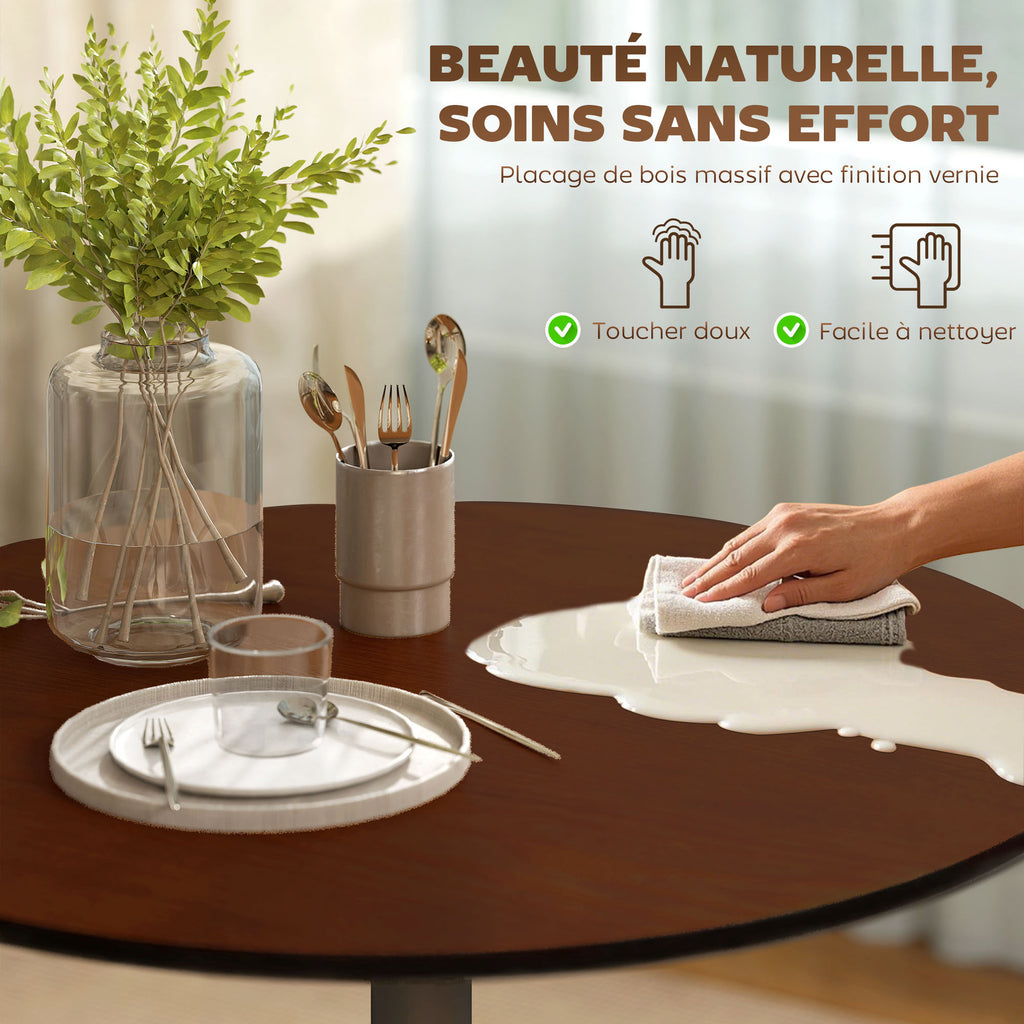 Table à manger ronde 70 cm pour 2 personnes avec plateau en placage de bois massif et piétement en acier marron-3