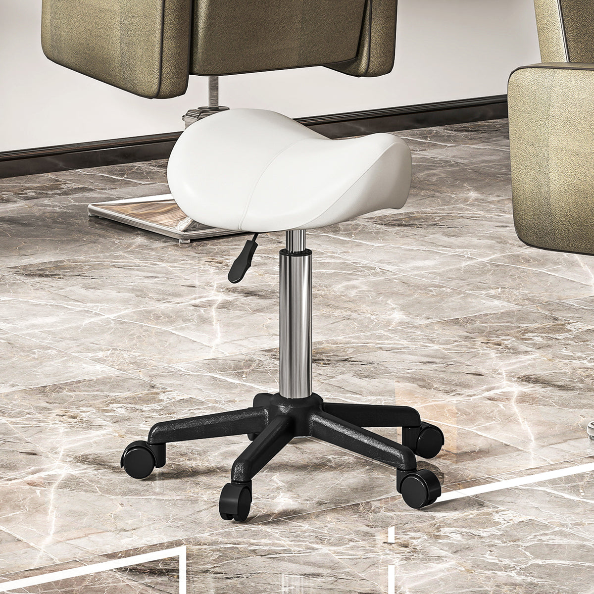 Tabouret à roulettes, chaise de travail avec hauteur réglable 45-57 cm et selle ergonomique, 48x47x45-57cm, blanc-1