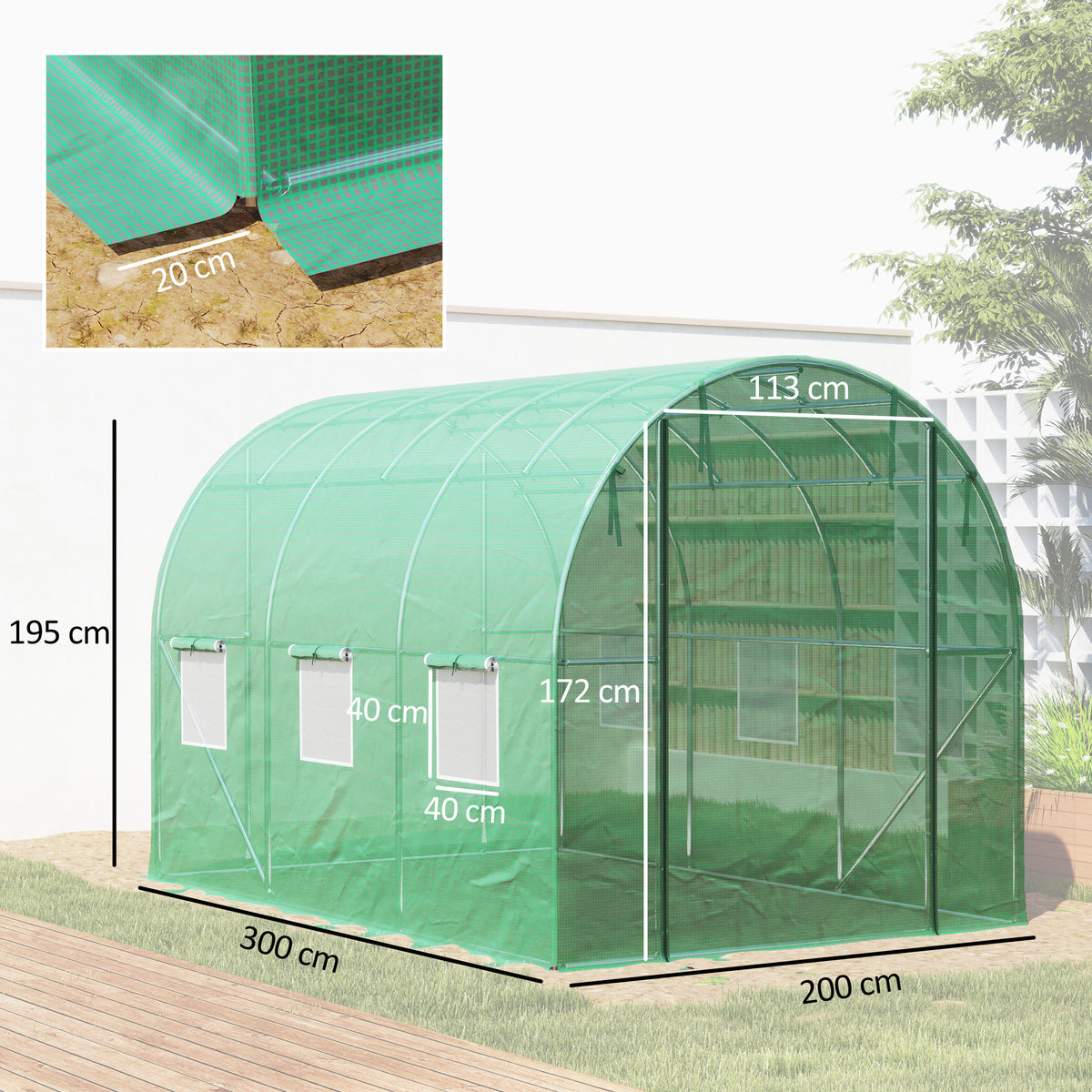 Serre tunnel de jardin 3 x 2 x 2 m avec porte enroulable et grandes fenêtres, en acier galvanisé et PE, vert-2