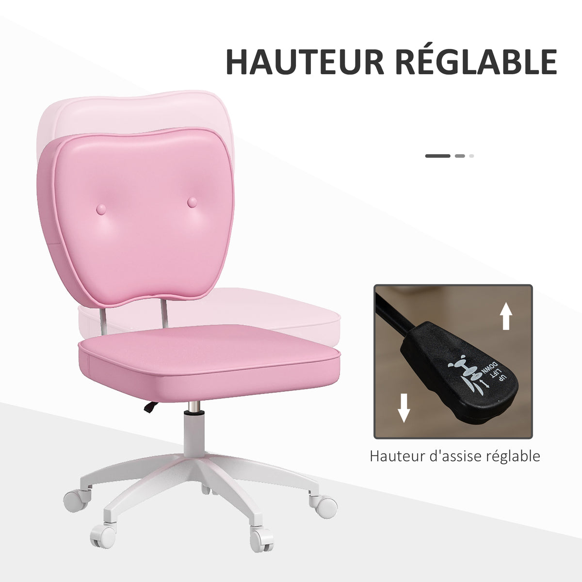 Chaise de bureau sans accoudoirs, fauteuil de bureau, hauteur réglable, pivotant 360°, 46 x 59 x 82-92 cm, rose-3
