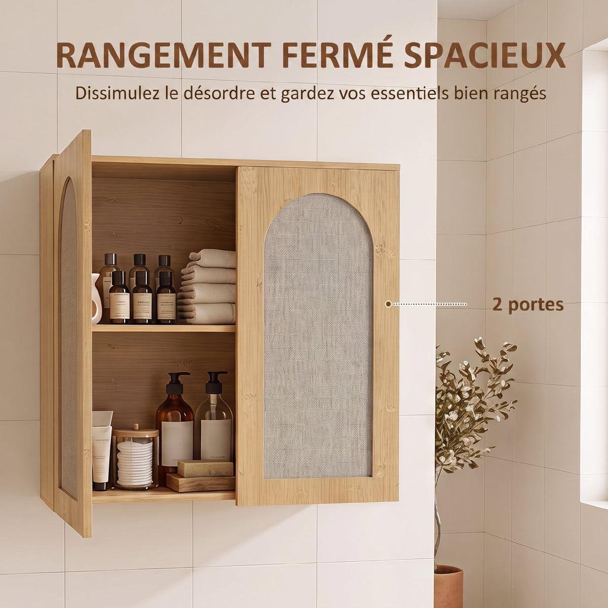 Armoire murale de salle de bain bohème avec 2 portes effet rotin à fermeture douce et étagère réglable, chêne-4