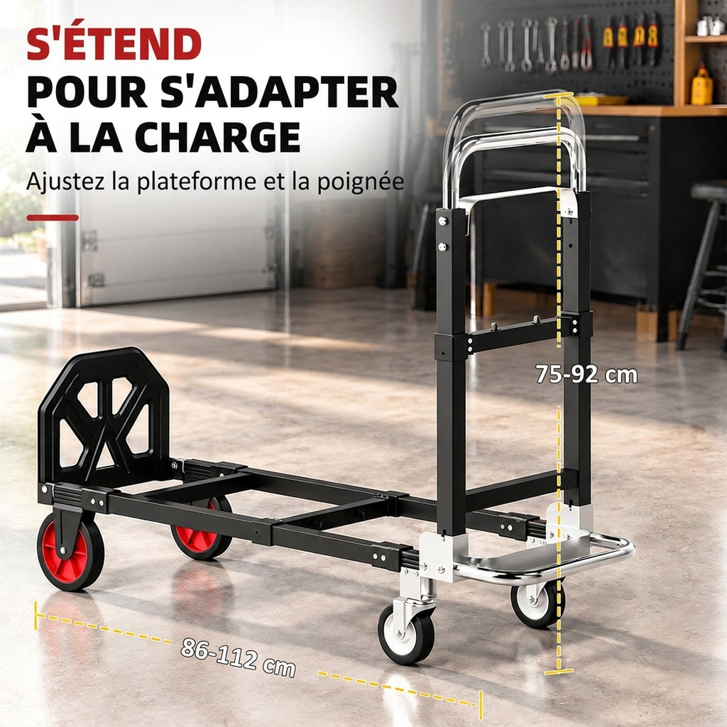 Diable Pliable 2 en 1 Extensible 220KG Pliage Plat Chariot Plateforme Acier Poignée Réglable Roues 360° 112x41x92cm Noir-5
