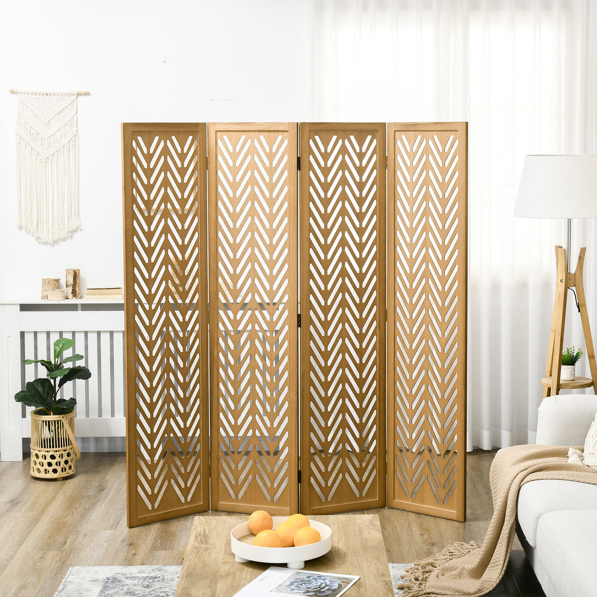 Paravent en bois ajouré séparateur de pièce closion intérieur pliable 4 panneaux en bois 160 x 170 cm naturel-1
