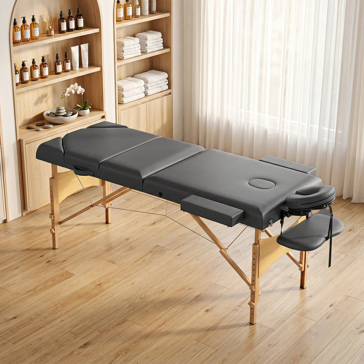Table de massage pliante, lit de massage 3 zones portable 185 x 60 cm, hauteur et dossier réglables, appui-tête, gris-1