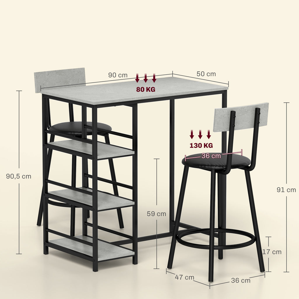 Ensemble table de bar avec 2 tabourets et étagères de rangement pour salle à manger, cuisine, gris et noir-2