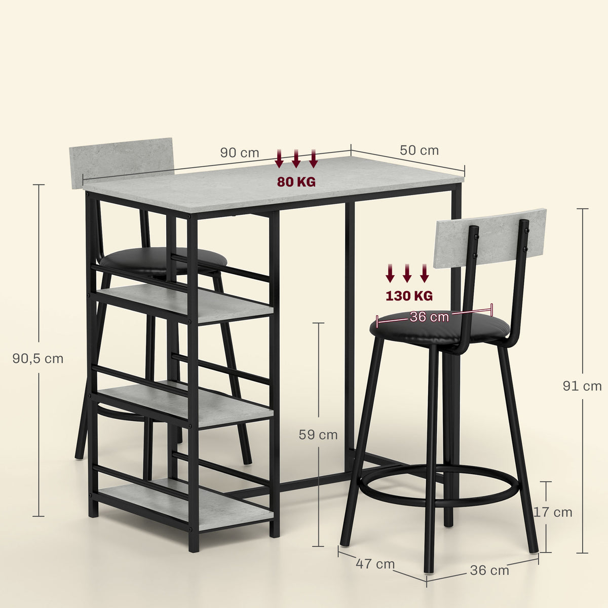 Ensemble table de bar avec 2 tabourets et étagères de rangement pour salle à manger, cuisine, gris et noir-2