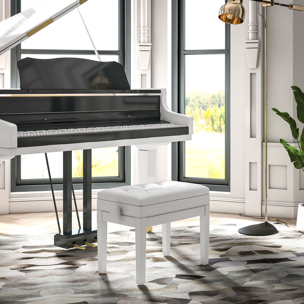 Banc de piano, banc de clavier réglable en hauteur en bois massif, compartiment de rangement, 55 x 33 x 48-58 cm blanc-7