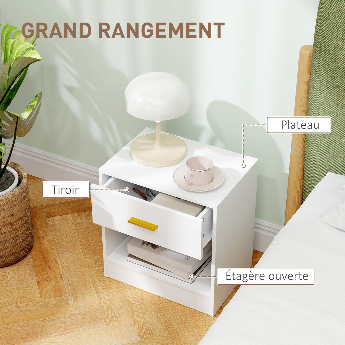 Lot de 2 tables de chevet, table de nuit avec 2 tiroirs et étagères ouvertes, style moderne, 39 x 28 x 41 cm, blanc-4