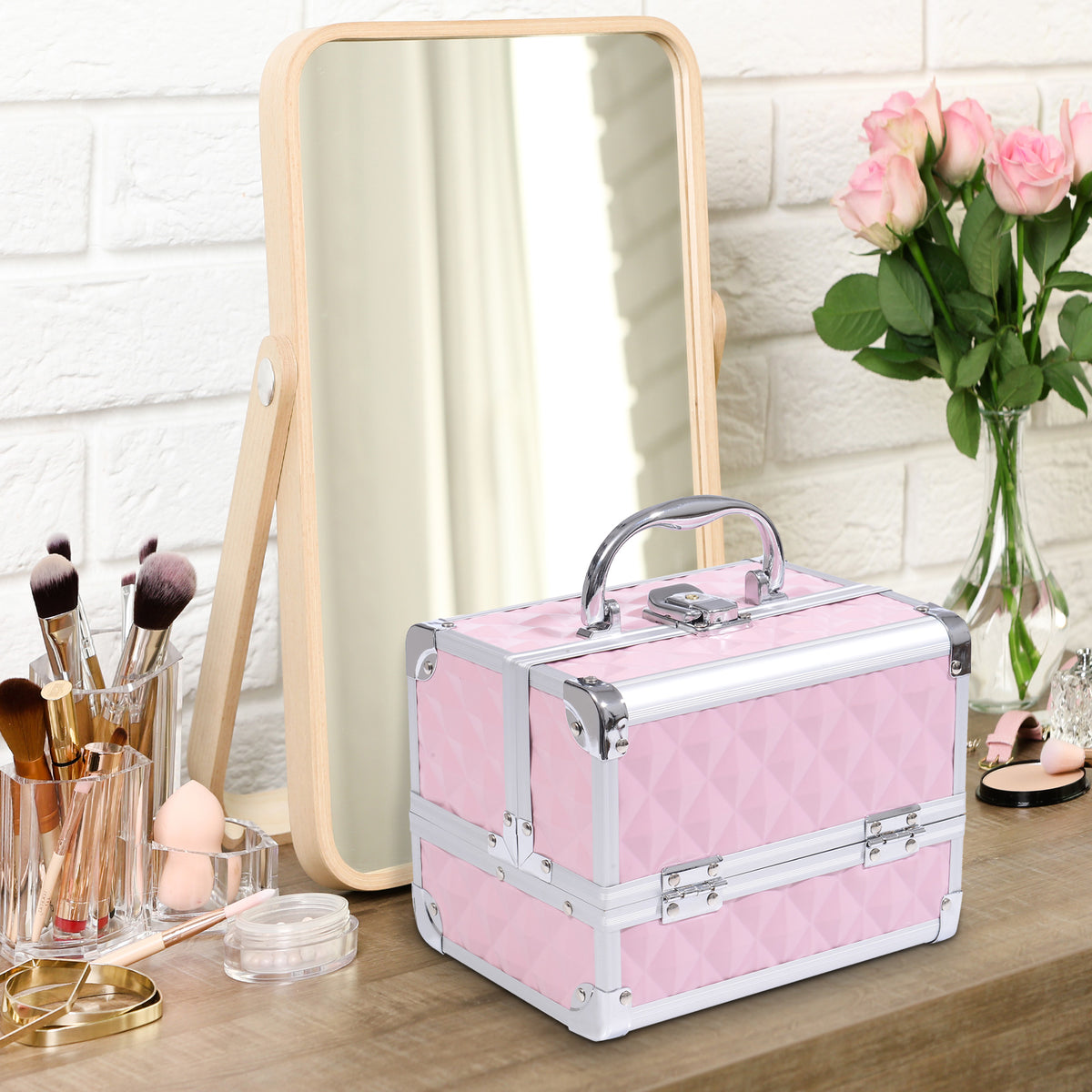 Mallette à maquillage rangement à 3 niveaux avec miroir verrouillage avec 2 clés dim. 20L x 15l x 15H cm rose-1