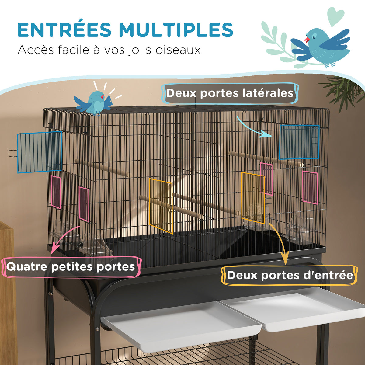 Grand cage oiseaux cage perroquet avec support roulettes pour cacatoès perruche canaris perroquet 85 x 49 x 119 cm noir-4
