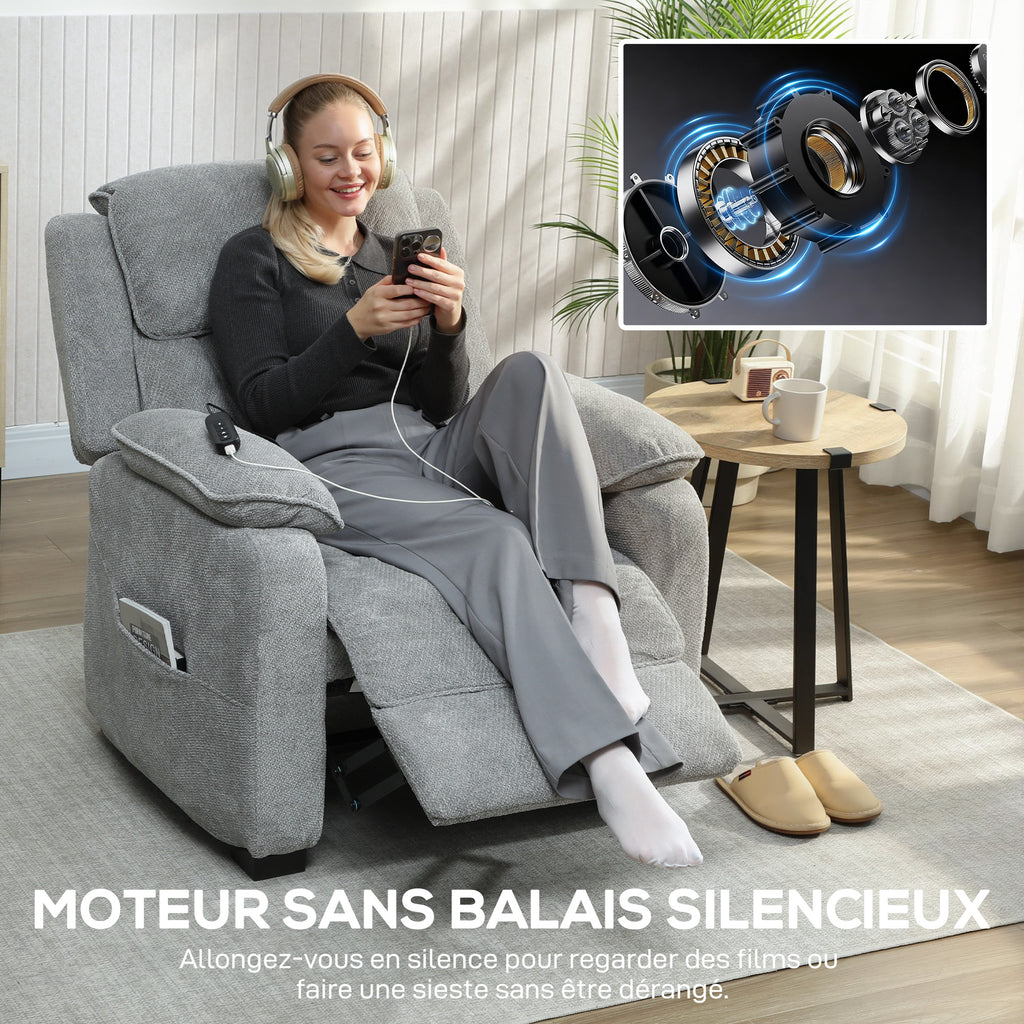 Fauteuil relax électrique fauteuil inclinable port USB repose-pieds poches latérales télécommande 86x90x103cm gris clair-6