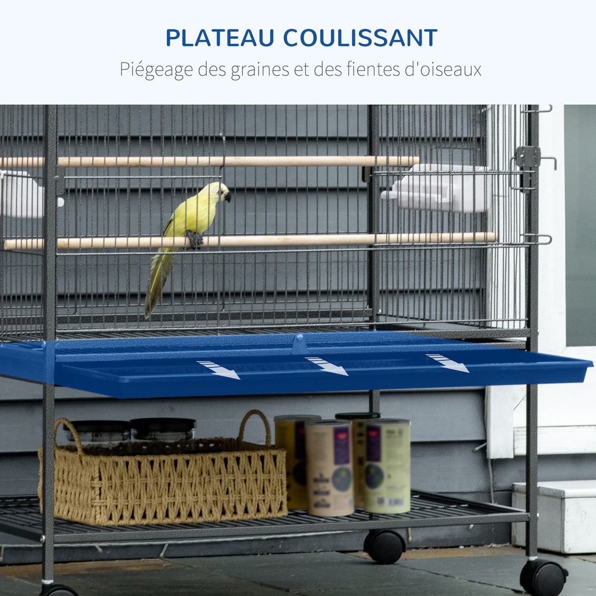 Cage à oiseaux sur pied volière oiseaux intérieur 4 perchoirs en bois et mangeoires fil d'acier gris foncé-3