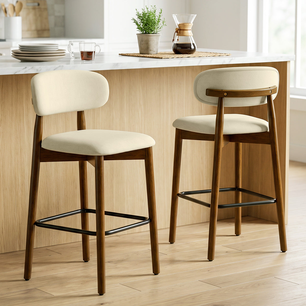 Lot de 2 Tabourets de Bar, Chaises de Bar en Chenille, Assise Rembourrée, Dossier et Repose-Pieds, Pieds en Bois, Beige-1