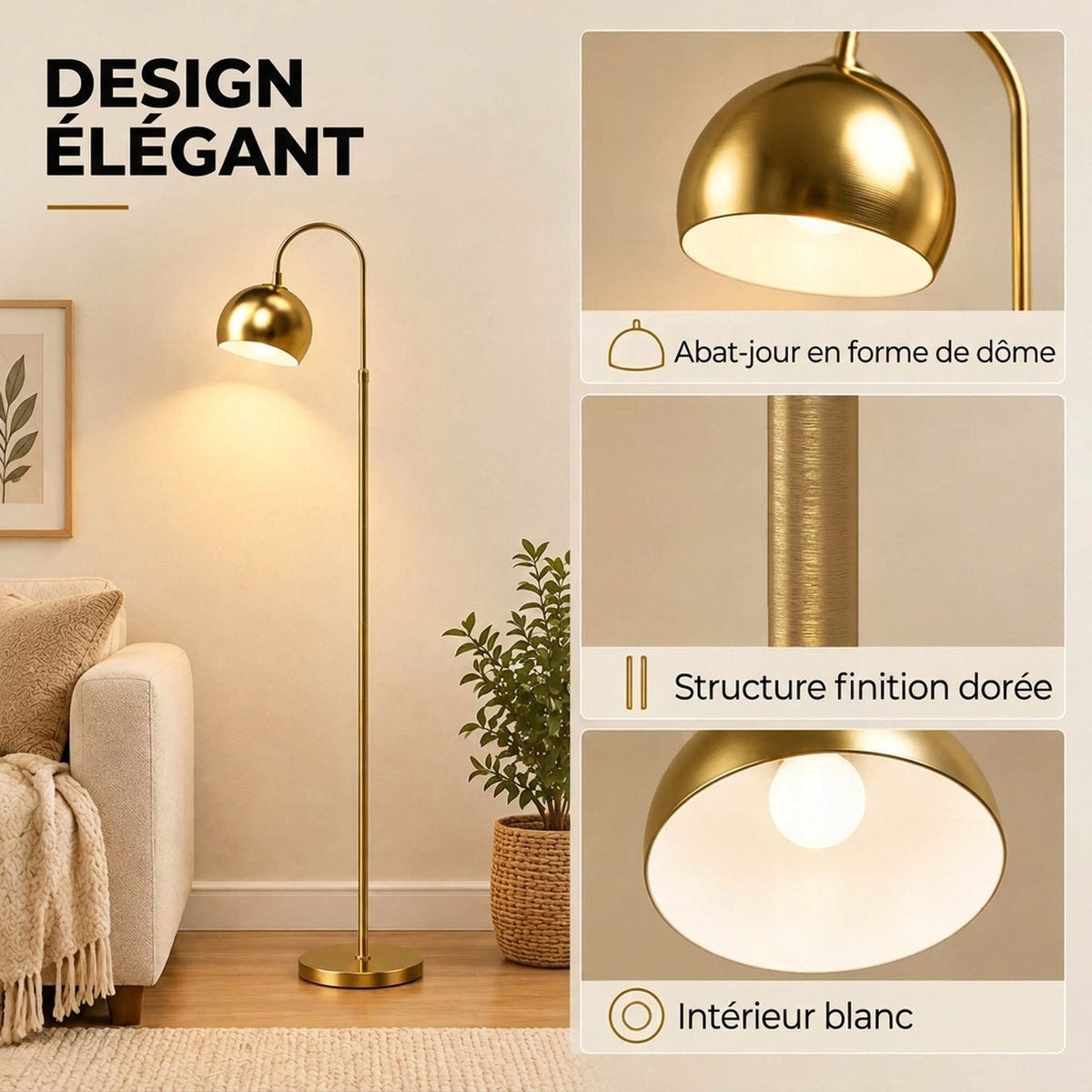 Lampadaire sur Pied Salon, Lampe sur Pied Moderne 40W, Douille E27, Hauteur Réglable, Abat‑jour Orientable, Doré-5