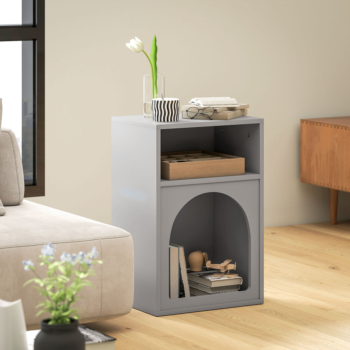 Lot de 2 tables de chevet, table de nuit avec compartiments ouverts, design arqué, 40 x 30 x 60 cm, gris-8