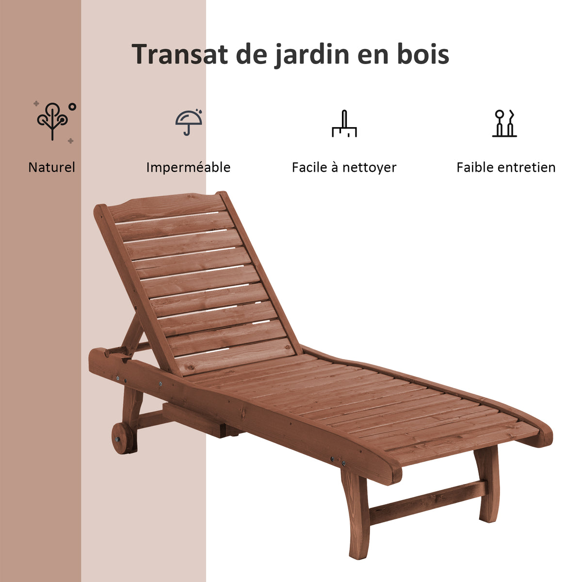 Bain de Soleil transat Style Colonial Dossier réglable 3 Positions roulettes Tablette Support Bois Sapin-6