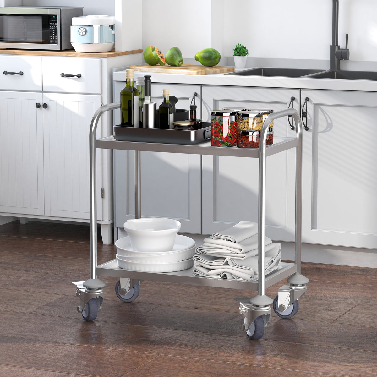 Chariot de service desserte de cuisine à roulettes 2 étagères 80L x 45l x 82H cm acier inox. chromé-9