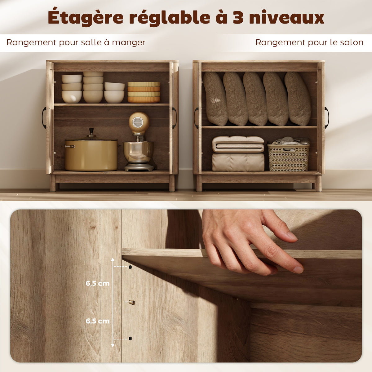 Buffet salon, meuble de rangement avec 2 portes en rotin, étagère réglable et bords arrondis, 76 x 35 x 75,5 cm, chêne-4