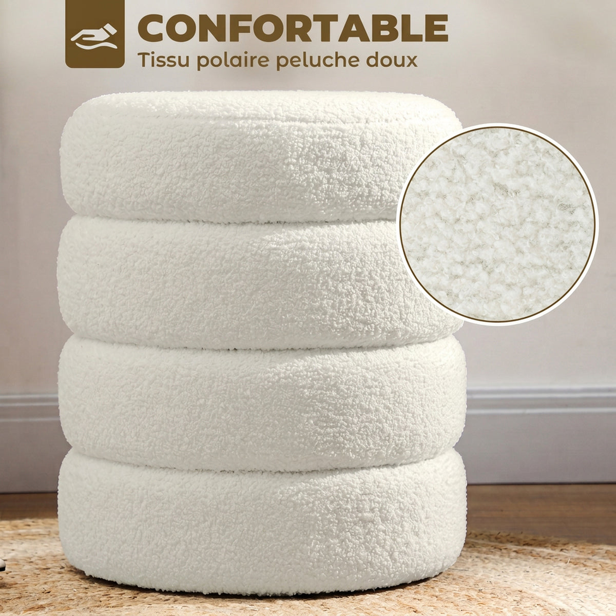 Repose pied salon, tabouret ottoman rond rembourré en peluche Teddy, pour chambre à coucher, entrée, Ø 40 x 45 cm, blanc-3