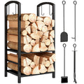 Porte bûches - Range bûches Serviteur de cheminée - Multi Accessoires 2 étagères 40L x 30l x 75H cm métal Noir-0