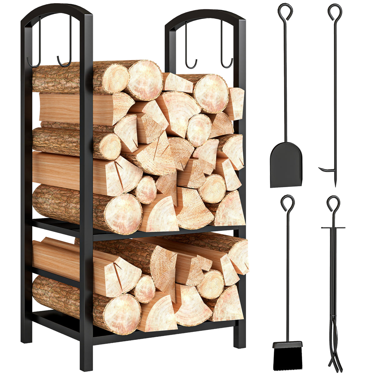 Porte bûches - Range bûches Serviteur de cheminée - Multi Accessoires 2 étagères 40L x 30l x 75H cm métal Noir-0