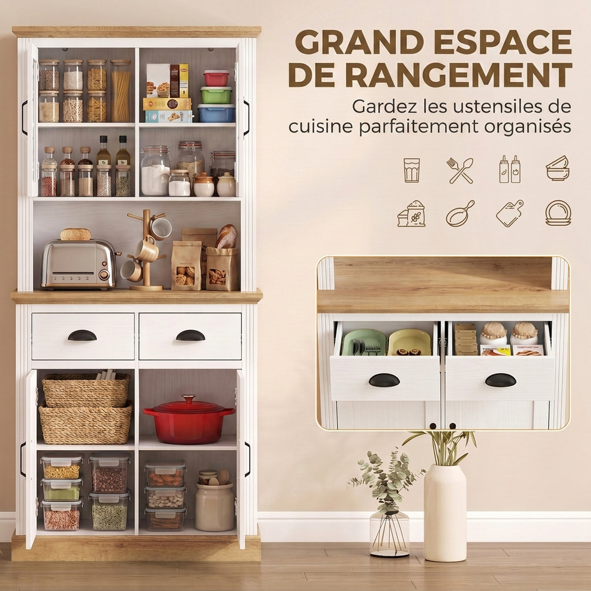 Buffet Haut Cuisine, Armoire Cuisine, 4 Portes dont 2 en Verre, 2 Tiroirs, Plan de Travail, Étagères Réglables, Blanc-3