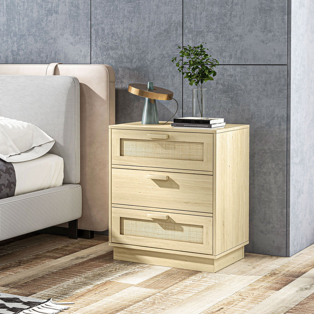 Commode design bohème en rotin avec 3 tiroirs, meuble de rangement pour le salon, le couloir, l'entrée, bois naturel-9