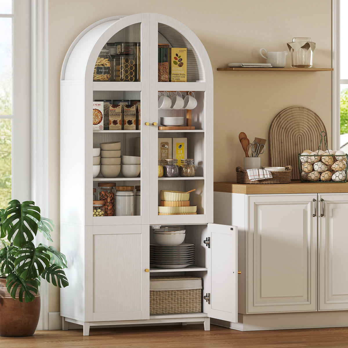 Armoire de cuisine, vaisselier vitrine avec 4 portes dont 2 en acrylique et étagères réglables, 78 x 40 x 180 cm, blanc-1