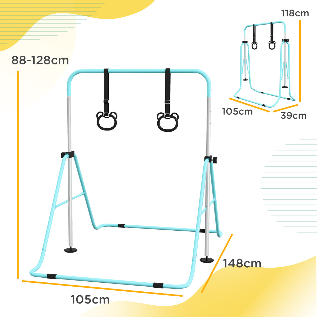 Barre de gymnastique pour enfants, barre horizontale pliable à hauteur réglable avec anneaux de gymnastique, cyan-2