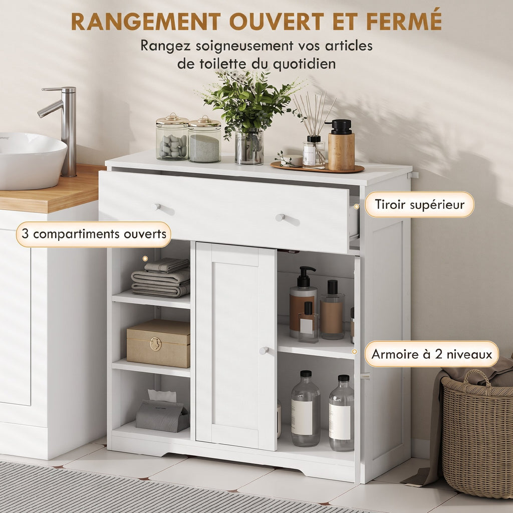 Meuble de Salle de Bain avec 1 Tiroir, 2 Portes, 3 Compartiments Ouverts, Style Scandinave, 80x30x80,2cm, Blanc-3