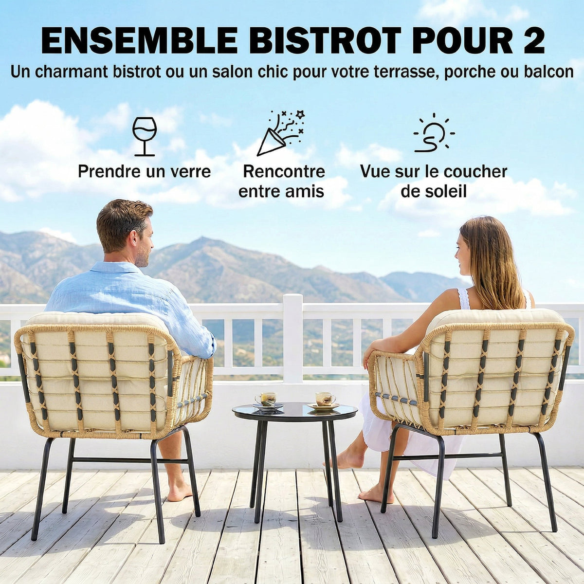 Salon de Jardin Extérieur 3 Pièces en Résine Tressée, Table en Verre Trempé, 2 Fauteuils avec Coussins, 62x73x79cm, Crème-3