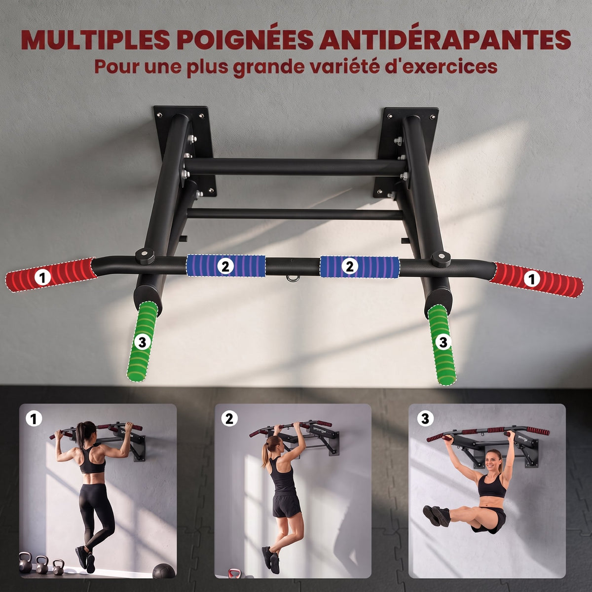 Barre de Traction Murale Pliable avec Poignées Antidérapantes, 3 Crochets pour Bandes de Résistance, 98x65x31cm, Noir-5