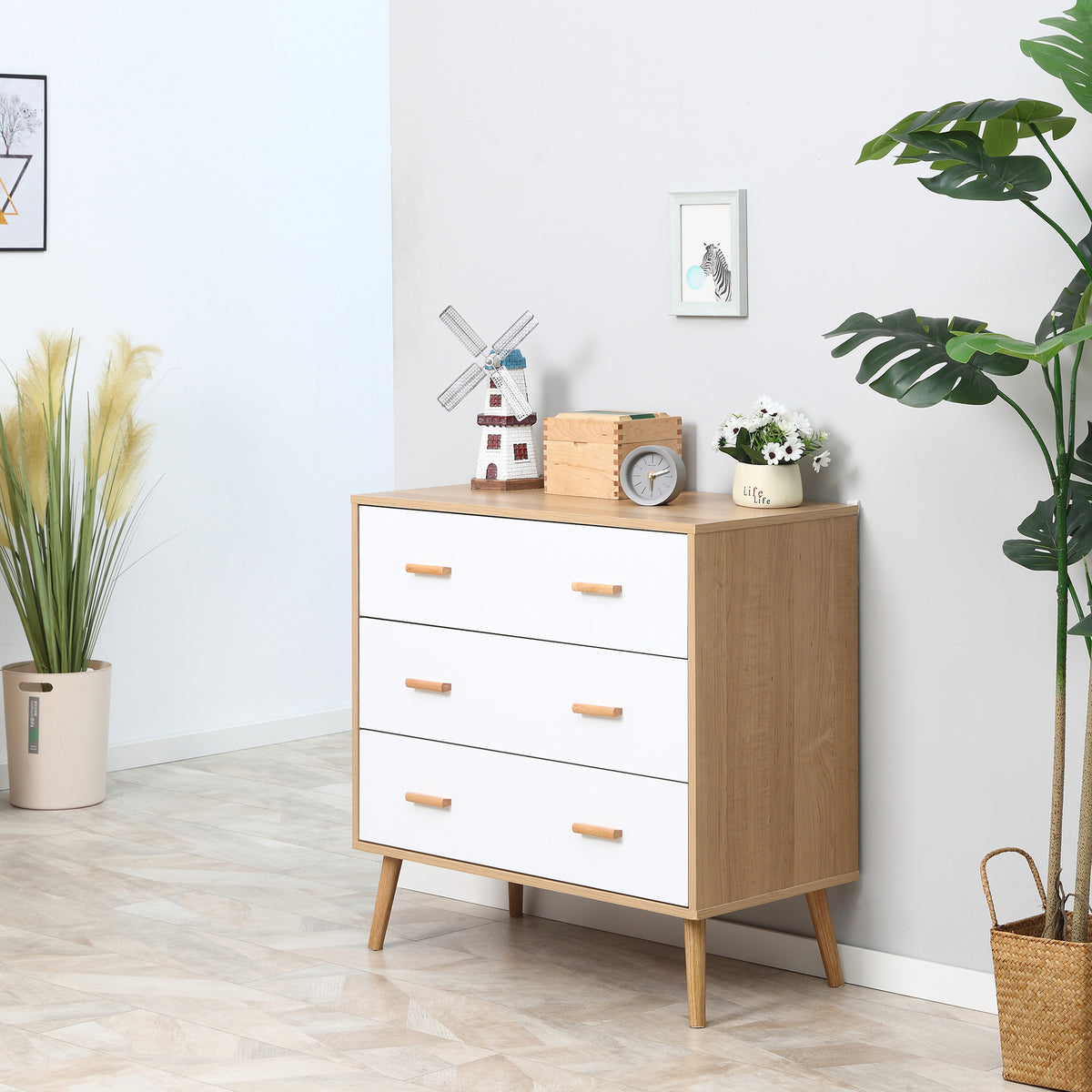 Commode Design scandinave 3 tiroirs coulissants Pieds effilés inclinés Panneaux Particules Aspect Bois Clair-6