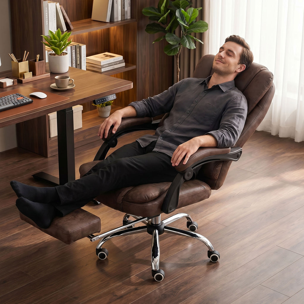 Fauteuil de bureau direction massant chauffant hauteur réglable dossier inclinable toile de microfibre marron-3