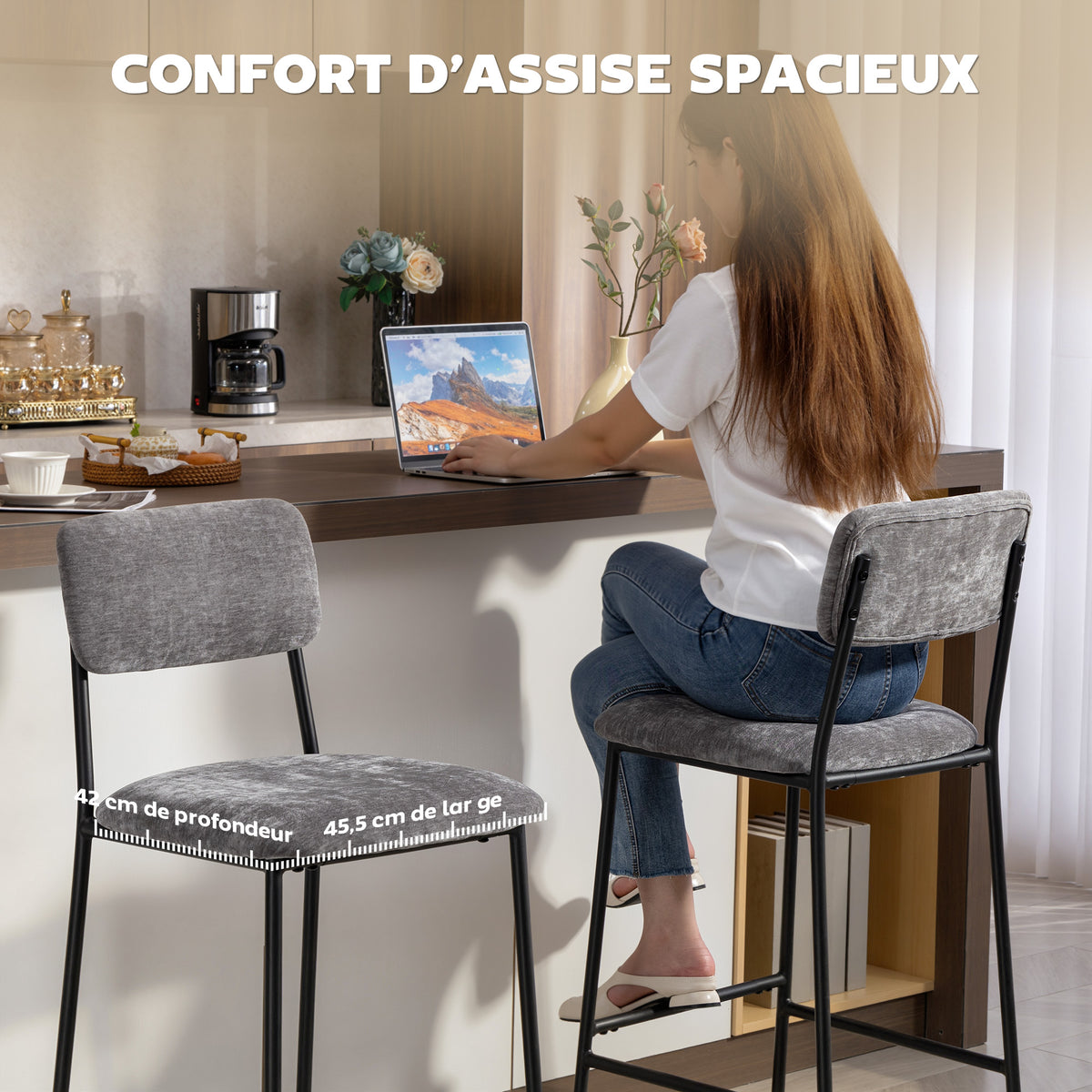 Lot de 2 tabourets de bar en tissu chenille, chaises de bar rembourrées, assise large, dossier haut, 45,5x48x101cm, gris-4