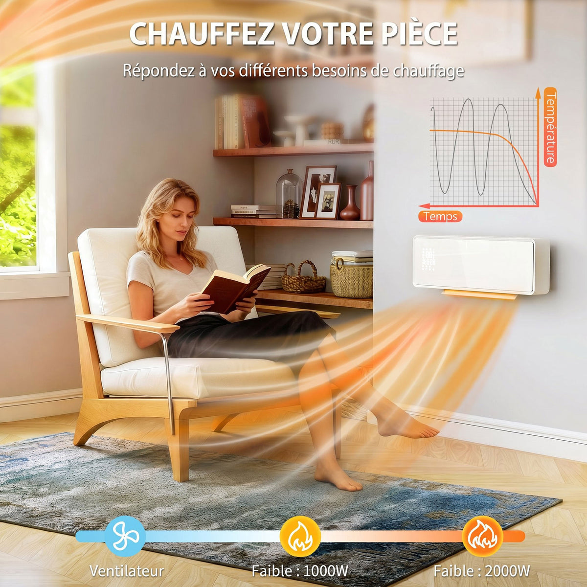 Chauffage mural en céramique 1000/2000W, radiateur électrique, ventilateur, thermostat, minuterie, 54x18,7x12,3cm, blanc-4
